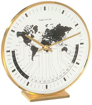 Hermle 22704-002100 World Time Clock Hermle World time clock. Solid brass case. Accurate quartz movement shows the time in various time zones around the world. <br>Size: 7 1/2 x 7 1/8 x 2 1/2 inches