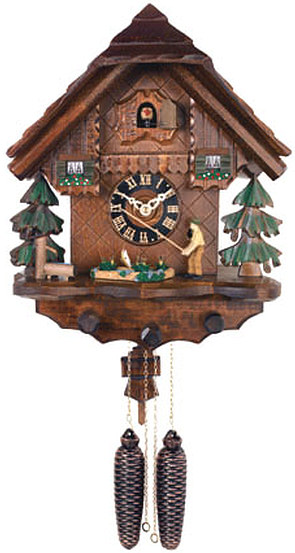 802-14 Black Forest Fisherman 8 Day Cuckoo Clock Genuine Black Forest Cuckoo clock where Fisherman Raises Fishing Pole and door opens where the Cuckoo bird will appear and 