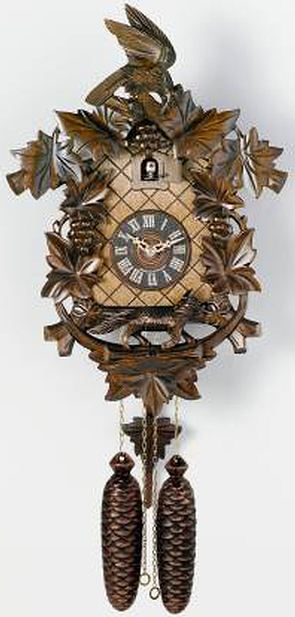 823-17 Aesop's Fable Fox And Grapes 8 Day Black Forest Cuckoo Clock Genuine Black Forest Cuckoo clock with fox and bird crown. Door opens where the Cuckoo bird will appear and 