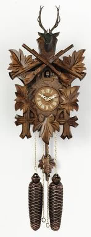 869-15 Five Leaf Deer Crowned 8 Day Black Forest Cuckoo Clock Genuine Black Forest Cuckoo clock with five leaves and deer crown. Door opens where the Cuckoo bird will appear and 