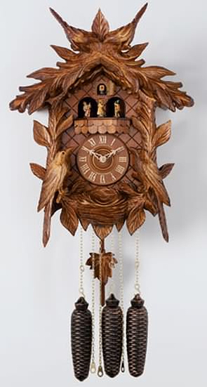 MD801-19 Leaves, Four Birds and Nest 8-Day Black Forest Musical Cuckoo Clock Genuine Black Forest Cuckoo clock with carved leaves, four birds & nest, also includes dancers. Door opens where the Cuckoo bird will appear and 