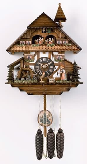 MD856-13 Woman Rings Bell, Waterwheel Turns 8 Day Black Forest Musical Cuckoo Clock Genuine Black Forest Cuckoo clock with woman that rings a bell, moving waterwheel, and dancers. Door opens where the Cuckoo bird will appear and 