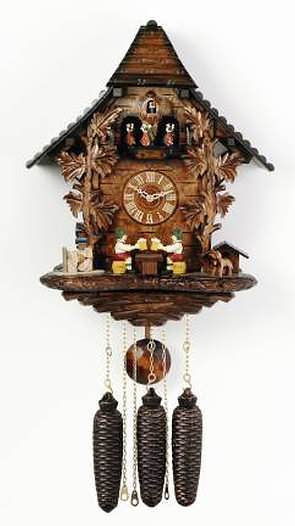 MD806-19 Beer Drinker's Raise Mugs 8 Day Black Forest Musical Cuckoo Clock Genuine Black Forest Cuckoo clock with two beer drinker's who raise their mugs and dancers. Door opens where the Cuckoo bird will appear and 