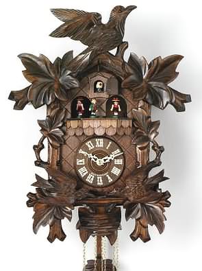 MD815-16 Moving Birds feed, nest 8 Day Black Forest Musical Cuckoo Clock Genuine Black Forest Cuckoo clock with moving birds, nest and bird crown. Door opens where the Cuckoo bird will appear and 