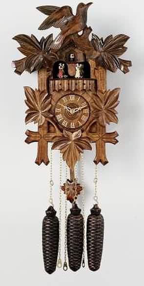 MD841-16 Five Leaves, One Bird 8 Day Black Forest Musical Cuckoo Clock Genuine Black Forest Cuckoo clock with five leaves, dancers and bird crown. Door opens where the Cuckoo bird will appear and 