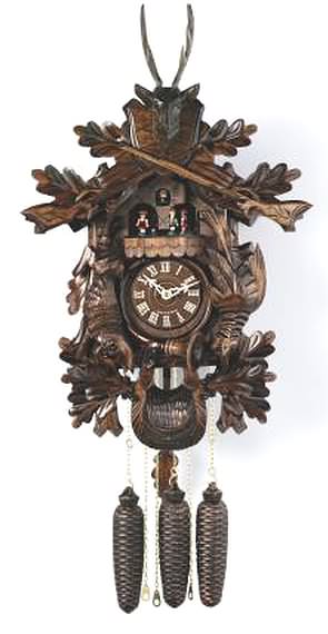 MD847-24 Hunters Clock, Dead Animals 8 Day Black Forest Musical Cuckoo Clock Genuine Black Forest Cuckoo clock with carved leaves, dead animals and dancers. Door opens where the Cuckoo bird will appear and 