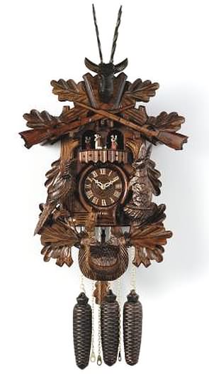 MD849-24 Hunters Clock, Live Animals 8 Day Black Forest Muisical Cuckoo Clock Genuine Black Forest Cuckoo clock with carved leaves, animals, dancers and deer crown. Door opens where the Cuckoo bird will appear and 