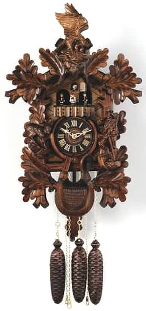 MD859-23 Eagle, Hunter, Ram 8 Day Black Forest Musical Cuckoo Clock Genuine Black Forest Cuckoo clock with hunter, ram, dancers and eagle crown. Door opens where the Cuckoo bird will appear and 