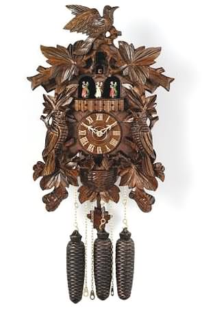 MD873-21 Seven Leaves, Three Birds Nest 8 Day Black Forest Musical Cuckoo Clock Genuine Black Forest Cuckoo clock with seven leaves, three birds, nest, and dancers. Door opens where the Cuckoo bird will appear and 