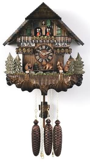MD878-13 Bears Seesaw, Revolve Turntable 8 Day Black Forest Musical Cuckoo Clock Genuine Black Forest Cuckoo clock with bears on a seesaw that revolve around on turntable. Door opens where the Cuckoo bird will appear and 